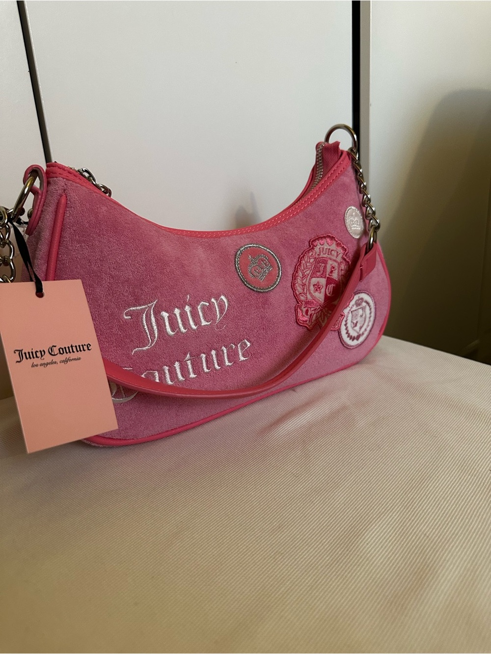 Juicy Couture Pink Suede Crescent Shoulder Bag with Chain Strap